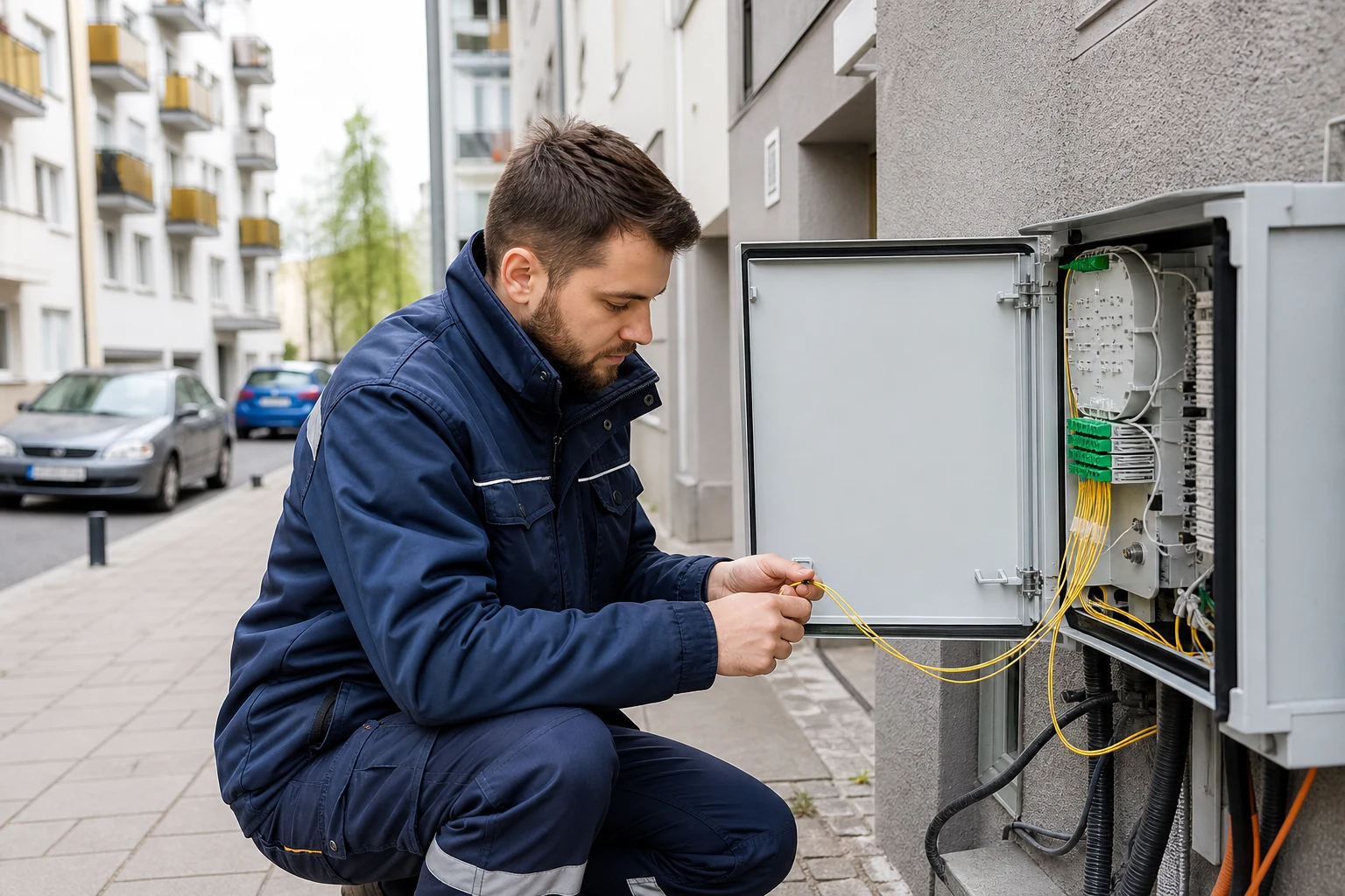 Technik pracujący przy installation światłowodowej